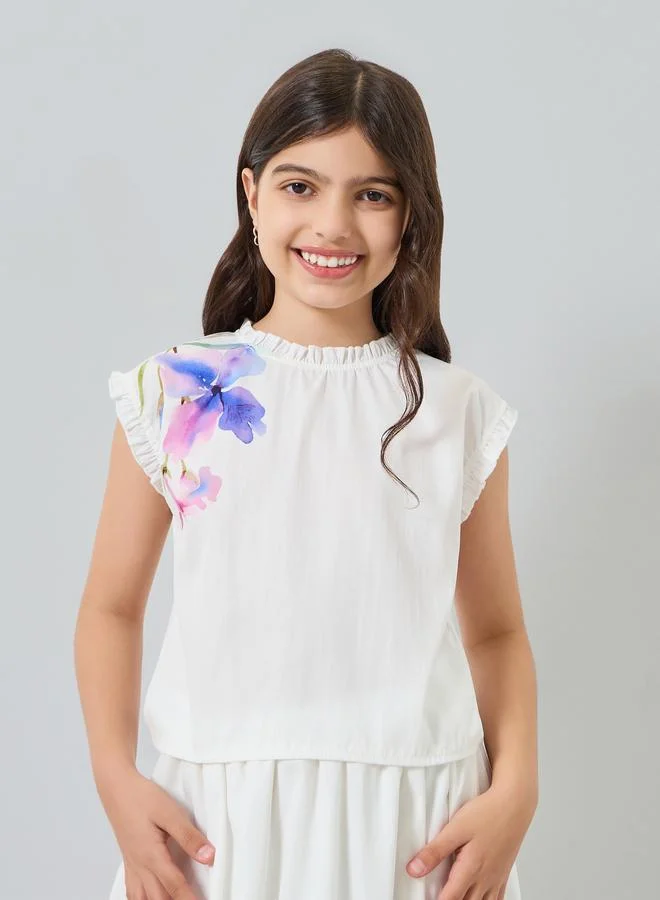 ستايلي طقم من بلوزة وتنورة بطبعة زهور للبنات